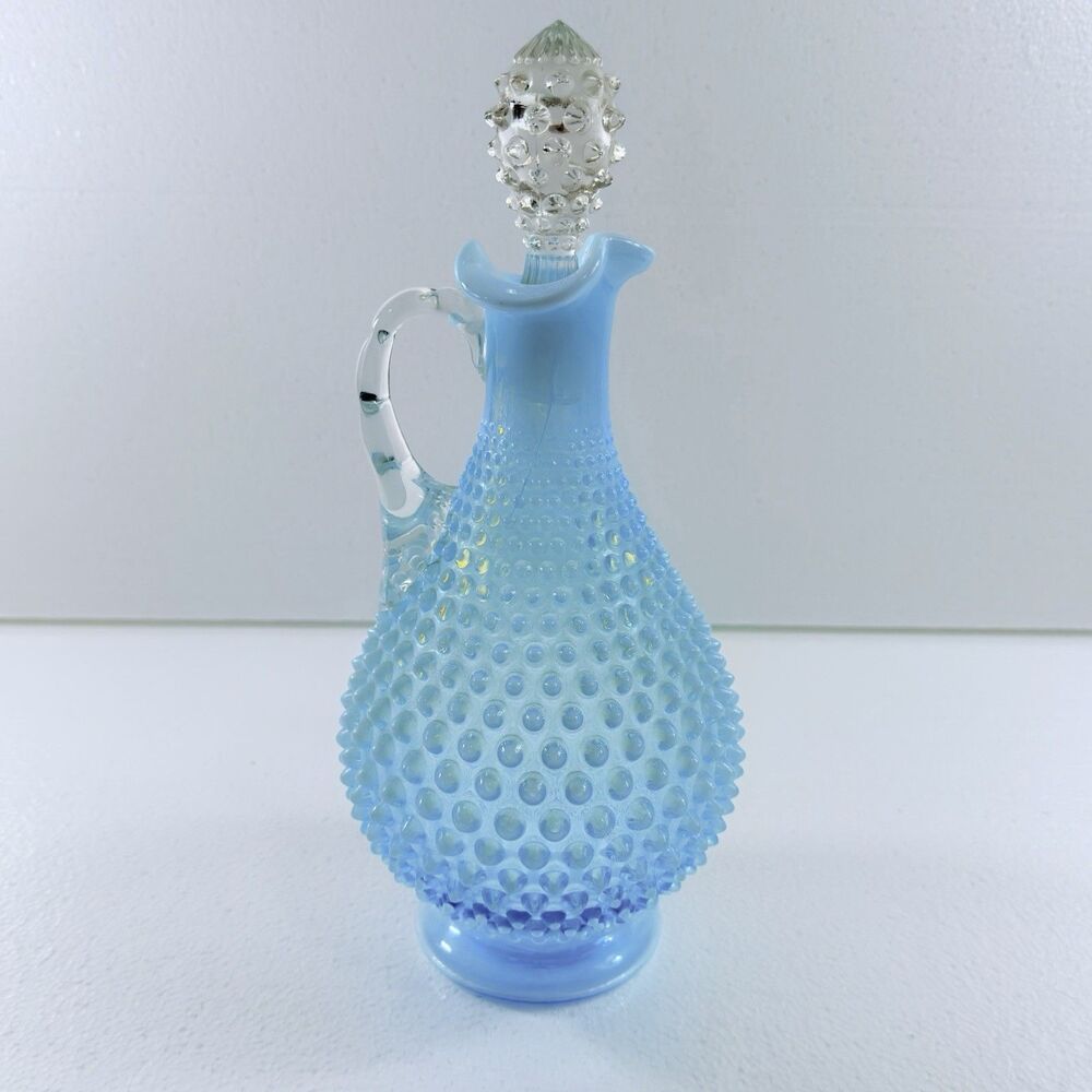 Vintage Fenton Glass Blue Opalescent Hobnail Wine Decanter Pitcher W/ Stopper